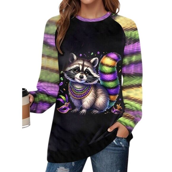 Shall We Mardi Gras Raccoon Sweatshirt Black Multi Sz Large Polyester Relaxed - Picture 11 of 11